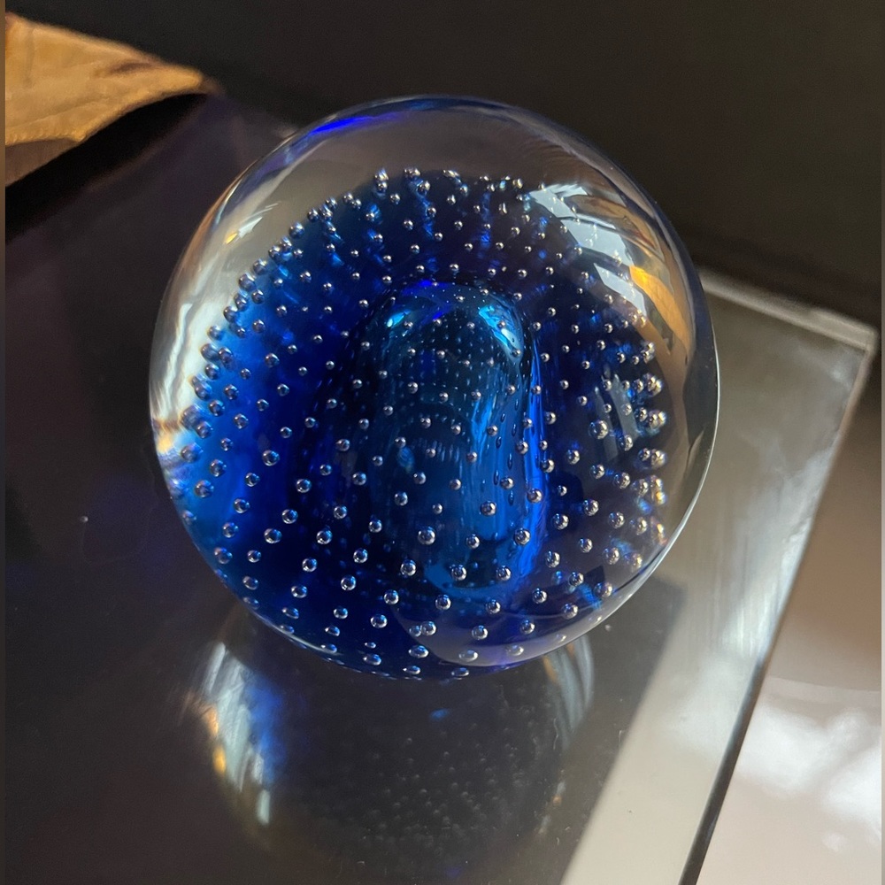 Thomas Webb designed Crystal Blue Bubble Egg Paperweight